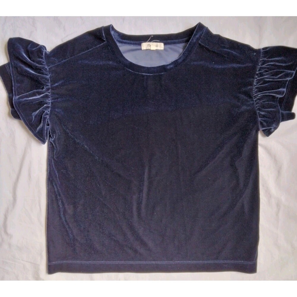 Madewell Blue Velvet Top Blouse Flutter Sleeve Fairy Goth Whimsy Women's Size XS - Picture 2 of 6
